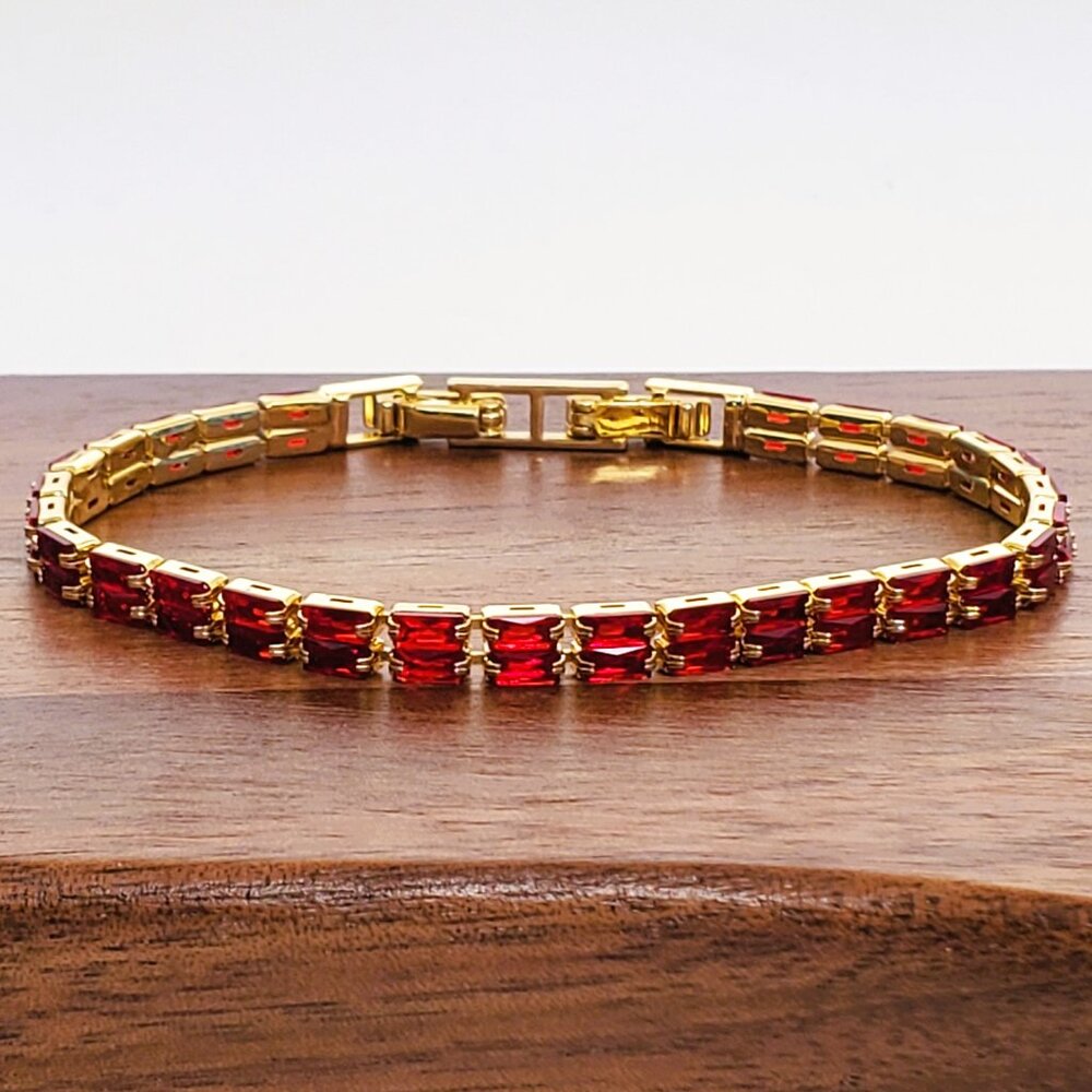 14K Gold 7" Womens 2 Row 2ct Red Ruby Gemstone Tennis Bracelet Ladies Jewelry